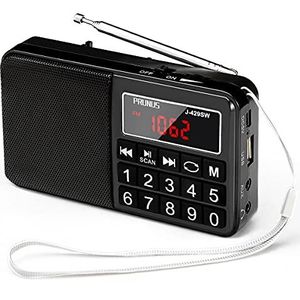 PRUNUS J-429 Kleine Draagbare Radio, AM/FM/SW Oplaadbare Radio met Luidspreker, AUX/SD/TF/MP3. Batterijradio met Grote Knoppen en Groot Scherm. (Geen Oplaadaansluiting, Vooraf ingestelde stations).
