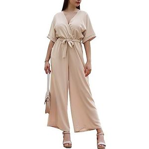 Laphilo cod.7213 Jumpsuit voor dames, lange V-hals, wijde pijpen, casual, elegant, zomer riem, beige, XXL