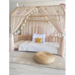 Baby Fancyroom Bedhemel, beige, bedhemel, decoratieset, kinderkamer, kinderbed, baldakijn, pomponslinger van premium tule voor huisbedden (hemel + 5 x gouden vlinder, 340 cm)