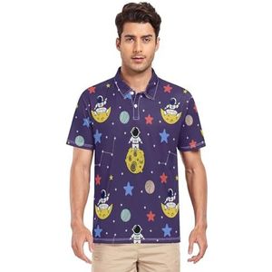 LI ZHI XIN Heren poloshirt korte mouwen werk T-shirt zomer top klassieke kraag sweatshirt met 2 knopen voor golf tennis outdoor sport ruimte planeet cartoon patroon, Meerkleurig, S
