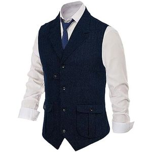 Heren Kostuum Vest Wollen Visgraatvest Slim Fit Vest Dagelijks Zakelijk Formeel Navy Blauw S