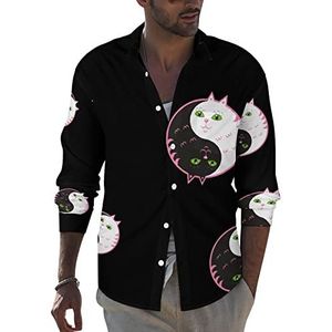 Leuke katten Yin Yang heren revers shirt met lange mouwen button down print blouse zomer zak T-shirts tops 2XL