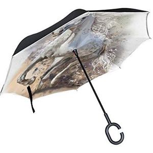 RXYY Winddicht Dubbellaags Vouwen Omgekeerde Paraplu Wit Paard Running Aquarel Waterdichte Reverse Paraplu voor Regenbescherming Auto Reizen Outdoor Mannen Vrouwen