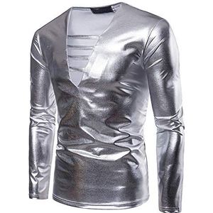 Heren Metallic Shiny T-shirt met lange mouwen Slim Fit V-hals Shirt Tops, zilver, L