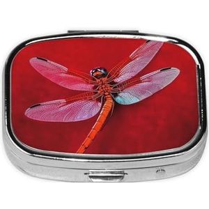 Libelle op rode achtergrond pillendoos 2 compartimenten kleine pillenetui voor portemonnee en zak metalen medicijnkoffer met spiegel draagbare pillendoos medicijnorganizer