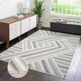 carpet city Vloerkleed laagpolig woonkamer - grijs, beige - 200x290 cm - tapijten franjes boho-stijl - geo-patroon - slaapkamer, eetkamer