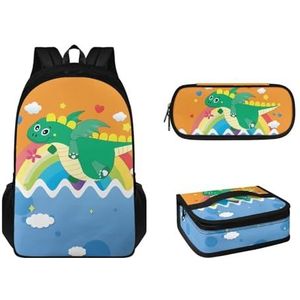 Brosoneto Kinderen School Rugzak Kinderen Schooltas met Lunch Box Potlood Case voor Elementaire Midden 3 in 1 Schooltas Set, Cartoon dinosaurus regenboog