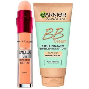 Garnier Skinactive BB Cream Moisturizing Perfecting Face Cream All in 1 SPF25 Medium Light Shade + Erase Age Multifunctionele Vloeibare Concealer Kleur 02 Nude met Spons Applicator