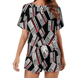 Amerikaanse retro vlag honkbal zachte dames pyjama korte mouw pyjama loungewear met zakken cadeau voor thuis strand L