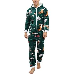 DROLA Heren Kerst Fleece Onesie Pyjama Volledige Zip Zijzakken Hooded Nachtkleding Pluche Homewear Romper Eland Pirnt Pjs, Groene Kerstman, XL