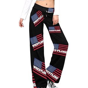 Wrestling USA Flag Damesbroek, casual broek, elastische taille, loungebroek, lange yogabroek, rechte pijpen
