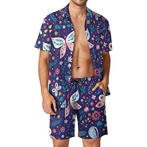 Vlinders en bloemen heren 2 stuks Hawaiiaanse sets losse pasvorm korte mouwen shirts en shorts strand outfits XL