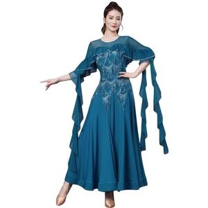 Tytyozay Standaard ballroomdansjurk voor dames, elegante jurk met lange mouwen, geplooide mouwen en strass-steentjes Dansoutfits met grote vloeiende rok voor wals tango en foxtrot,Blauw,L