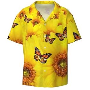 OdDdot Geel Bloemen Vlinders Print Heren Jurk Shirts Atletische Slim Fit Korte Mouw Casual Business Button Down Shirt, Zwart, XXL