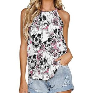 Schedel en bloemen roze kers dames tank top zomer mouwloze t-shirts halter casual vest blouse print t-shirt 3XL