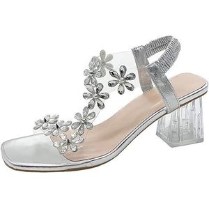 Vrouwen Strass Bloem Clear Blok Hak Sandals,Vrouwen Clear Bloemen Crystal Block Hak Sandals,Zomer Mode Elastische Enkelband Casual Open Teen Hoge Hakken, Zilver, 40 EU