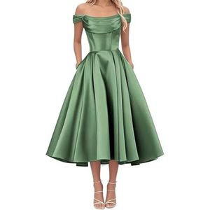 AHERKLL Thee Lengte Bruidsmeisjes Jurken voor Junioren Off Shoulder Satijn Avond Cocktail Party Maxi Jurk met Zak HAH050, Salie, 40