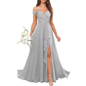 Chiffon bruidsmeisjesjurken voor dames, met split, lange baljurken, cocktailjurken, grote maten, Zilver, 32