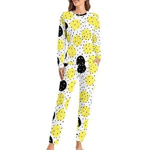Geel Zwart Stippen Vrouwen Pyjama Set Tweedelige Nachtkleding Lange Mouw Top En Broek Loungewear