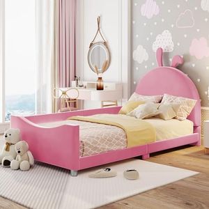 Aunvla Kinderbed, gestoffeerd bed, 90 x 200 cm, slaapbank, bedframe, flanel, multifunctioneel zacht bed met rugleuning, armleuning, ouder-kind-bed, jeugdbed, logeerbed, roze