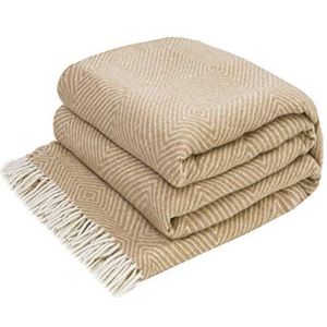 LYHome Merino Wollen Deken - Plaid Wol voor Sofa Bank & Bed, Merinowol Blanket Zachte Warme, Grote Sprei Merinowollen, Plaids Schapenwollen (140 x 200 cm | Beige met Wit Ruitpatroon)