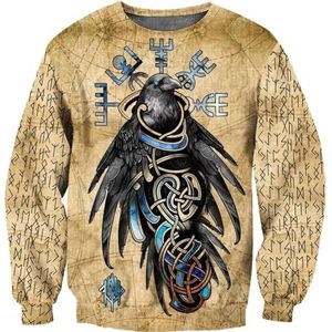 Novel Nordic Odin Crow Hoodie, Unisex Viking Vegvisir Rune Tattoo Outdoor Fashion Harajuku Zip Jacket, Lente en Herfst Pagan Pullover Sweatshirt met Lange Mouwen (Color : Round Neck Hoodie, Size : 5