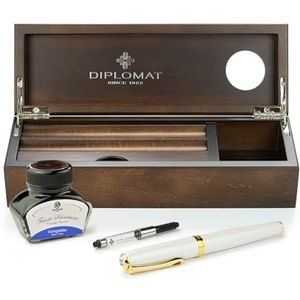 Diplomat Excellence A2 Pearlescent Gold vulpen, roestvrij stalen penpunt M, vulpen set met schrijfinkt in inktglas, inkt converter en pendoos van wengéhout, schrijfset