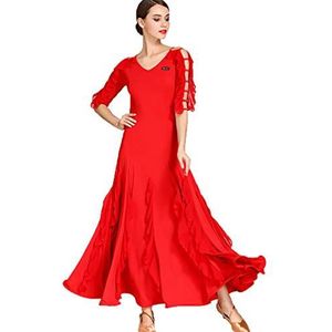 Dansjurken Met Korte Mouwen Ballroom Voor Vrouwen Waltz Dancing Dress Tango Performance Costume V Neck Salsa Oefen Danswear,Rood,L