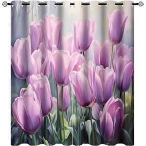 AEMYSKA Dromerige tulpen verduisterende doorvoergordijnen voor slaapkamer roze paarse bloem rustieke thermisch geïsoleerde gordijnen kamer verduistering lichtblokkerende gordijnen 55x63 inch