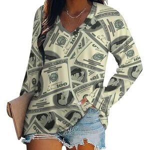 Grappige Dollar Money Patroon Vrouwen Lange Mouw V-hals T-shirts Herfst Tops Trui Tuniek Tee voor Leggings