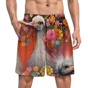 Struisvogels en bloemen grappige pyjama shorts voor mannen pyjamabroek heren nachtkleding met zakken zacht