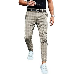 Heren Geruite Broek Slim Fit Casual Stretch Geruite Broek Met Platte Voorkant Chino Broek Elegante Zakelijke Broek joggingbroek (Color : Khaki, Size : M)