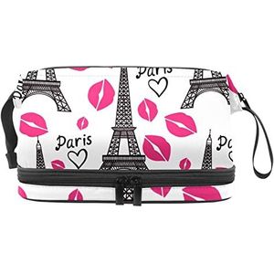 Dubbellaags Cosmetische Tas Romantische Eiffeltoren Draagbare Make-up Tas Reizen Organizer Pouch Voor Vrouwen Meisjes Toiletries Tassen, Meerkleurig, 27x15x14 cm/10.6x5.9x5.5 in, Make-up zakje