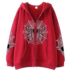 Dames sweatshirt dames high street casual hip hop metalen rits jas stijlvol oversized sweatshirt met zakken dames spin en coweb print rits vest met capuchon punk jas, Rood2, XL