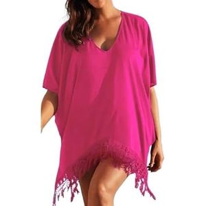 Cover-up strandkleding voor vrouwen, L-3XL, dames, korte mouwen, V-hals, effen kleur, casual, losse strandvakantie, mini-jurk, kwastjes, bikini-cover-ups, bedekkende zwempak voor vrouwen (rozerood,