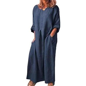 HAHAEMMA Damesjurken maxi-jurk losse jurk lange mouwen retro linnen katoen lange jurken elegante blouse brede casual zomerjurk dames plus size, donkerblauw, 4XL