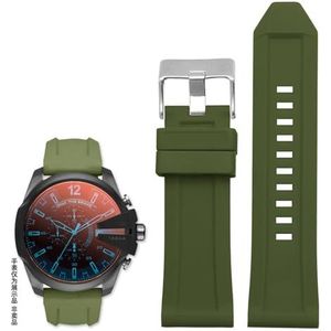 Siliconen rubberen armband horlogeband 24mm 26mm 28mm compatibel met diesel DZ4496 DZ4427 DZ4487 DZ4323 DZ4318 DZ4305 Heren horloges riem (Color : Green silver buckle, Size : 24mm)