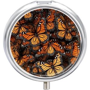 Heaps of Orange Monarch Butterflies Printed Pill Box Pillencontainer Draagbare Geneeskunde Pillendoosje Metalen Reizen Pillendoos Vitamine Container met 3 Compartimenten Medicijnkoffer