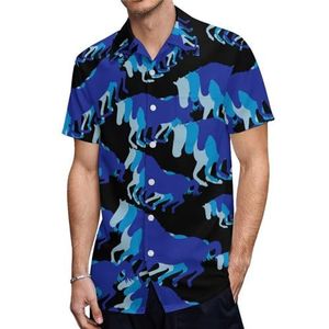 Blauw Retro Paard Silhouet Heren Korte Mouw Shirts Casual Button-down Tops T-shirts Hawaiiaanse Strand Tees 5XL