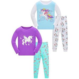 LOLPIP Meisjespyjama, 100% katoen, pyjama voor kinderen, slaapkleding, lange mouwen, 4-delige set, 1-12 jaar, Paarse Blauwe Eenhoorn, 3 Jaar