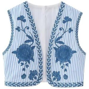 Vrouwen Vintage Geborduurd Bloemenvest Top Y2k Mouwloos Open Voorkant Crop Vest Boho Bloemenvest Jas(Color:Blue stripes,Size:Large)