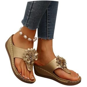 Slippers Orthopedische Sandalen Met Teenspreiders for Dames Met Boogondersteuning Vintage PU Leren Pantoffels Met Bloemen Badschoenen Met Plateauzool En Sleehak Vrijetijdsstrandschoenen(Gold,37 EU)