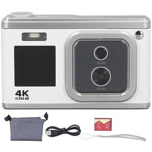 Digitale Camera, 4K-kindercamera met Kaart van 256 GB Autofocus 50 MP Compacte Videocamera 16x Digitale Zoom Vlogging-Camera Dual Cam Draagbare Mini-oplaadbare Camera voor (Wit)