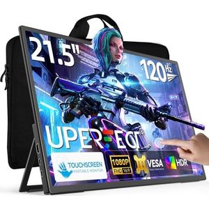 UPERFECT Draagbaar touchscreen, 21,5 inch, 120 Hz, draagbaar, touchscreen, 1300:1 1080P, geïntegreerde houder, HDMI, USB C, voor pc, computer, spelconsole, metalen behuizing, VESA-compatibel