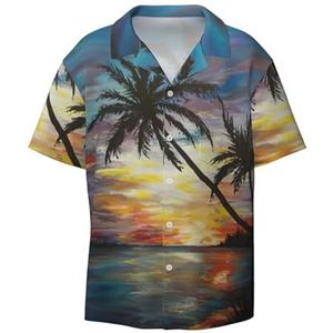 Tropische Zonsondergang Print Heren Korte Mouw Button Down Shirts Casual Losse Fit Zomer Strand Shirts Heren Jurk Shirts, Zwart, XXL