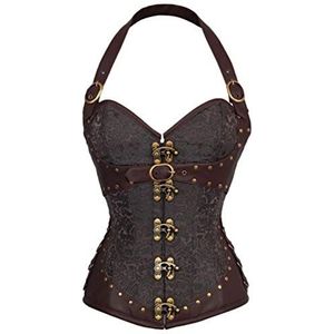 KUOSE Gotische steampunk basque bustehouder voor dames, kunstlederen spiraalvormige korsettop met stalen baleinen, Bruin, 40-42