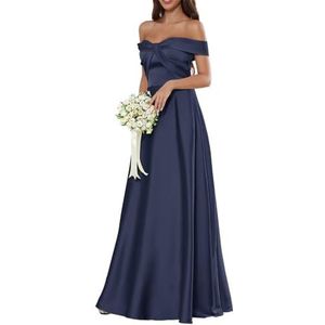 HPPEE Off-shoulder satijnen bruidsmeisjesjurken voor dames, mouwloos, A-lijn baljurk lange galajurk, Donkerblauw, 32