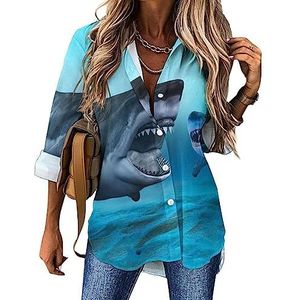 Shark Casual overhemd voor dames, button-down, lange mouwen, V-hals, blouse, tuniek voor leggings