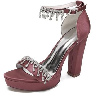 KYEGLO Dames Sandalen Met Open Teen, Strass Steentjes, Hoge Hakken, Ronde Neus, Plateauzool En Enkelbandje - Ideaal Voor Casual Gelegenheden, Werk En Bruiloften,Burgundy,36