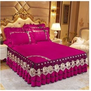 DUNSBY Bedrok luxe sprei op het bed bruiloft laken kant bed cover deken stof koning queen size bed rok met kussenslopen volant laken (kleur: roze roze, maat: 3 stuks 180 x 220 cm)